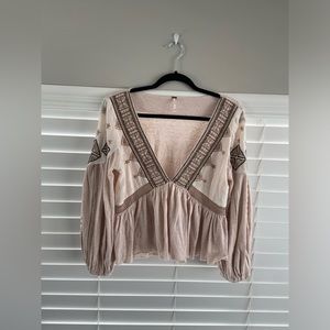 Free People Aria Cotton Linen Embroidered Balloon Sleeve Top